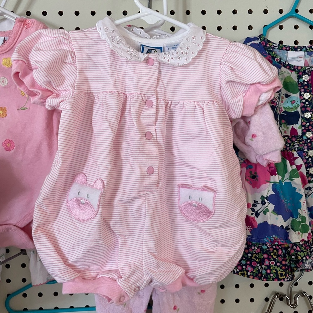 Lullaby Club Vintage Pink Striped Baby Romper with Bear Pockets